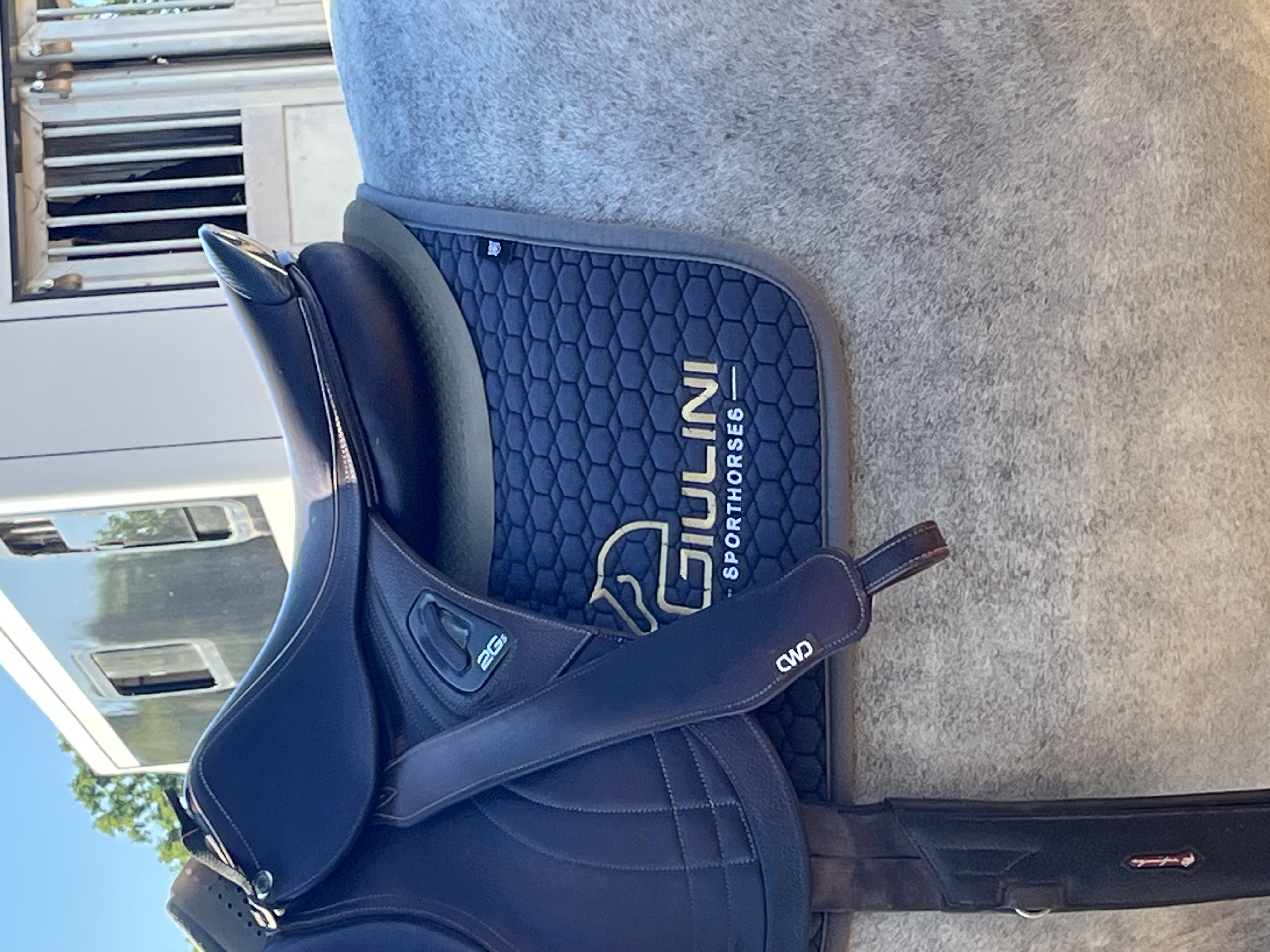 Springsattel auf einem Schimmel mit Giulini-Sporthorses-Schabracke